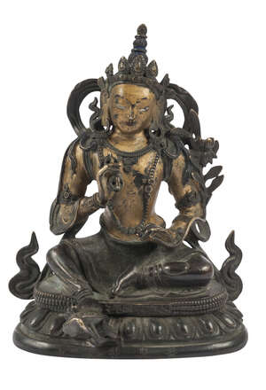 
	
		A Sino-Tibetan parcel gilt bronze figure of Tara, 19th century, holding a vajra in right...