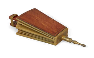 
	
		A pair of Regency satinwood and leather fire bellows, the trapezoid-shape body with heart...