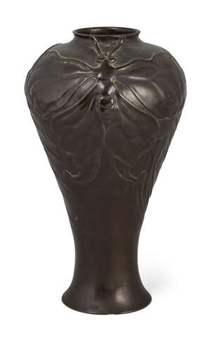 
	
		A Japanese bronze vase, Meiji period, the tapering ovoid body decorated with opposing...