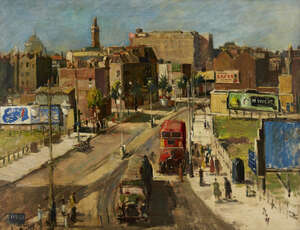 
	
		Jack Bridger Chalker,
		British 1918-2014- 
		 
		Street view in London;
		 
		oil...