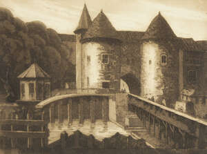 
	
		J B Mesham, early 20th century- View of a French gatehouse with drawbridge, Castle,...