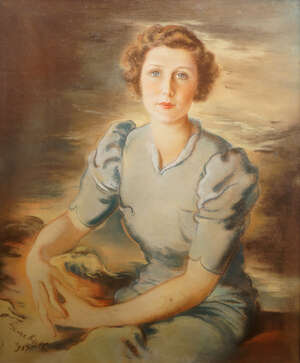 
	
		British School,
		early 20th century- 
		 
		Portrait of a lady in a pale blue dress;...