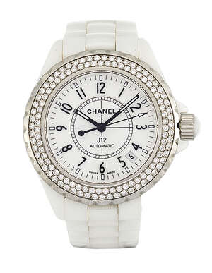 
	
		A diamond and white ceramic J12 automatic wristwatch, by Chanel, the circular white dial...