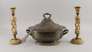 
	
		A pair of Indian Kashmiri taste candlesticks, late 19th/20th century, with open work...