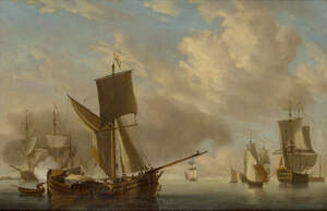 
	
		Follower of Charles Brooking, 
		British 1723-1759- 
		 
		Dutch shipping with a...