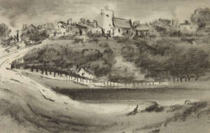 Dr Thomas Monro, 
		British 1759-1833- 
		 
		Landscape with a church; 
		 
		charcoal on paper, 12x19cm: British School, mid-late 19th century- Fisherm