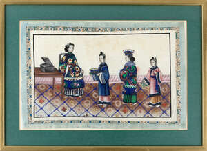 
	
		A set of three Chinese pith paper paintings, late 19th century, two paintings depicting...