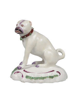 
	
		A Derby porcelain model of a pug,mid 18th century, seated on a pad base moulded with...