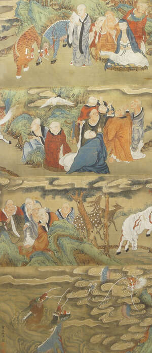 
	
		19th Century Chinese School, ink and colour on silk, Eighteen Arhat in a landscape,...