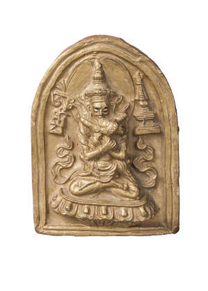 
	
		A Tibetan gilt terracotta votive plaque of Samvara, 19th century, depicted with consort...