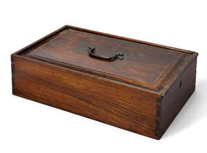 
	
		A Chinese padouk wood rectangular box, late 19th century, with brass carry handle and...