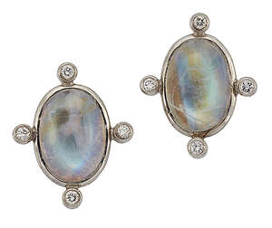 
	
		A pair of 18ct white gold, moonstone and diamond earrings, each closed-set oval cabochon...