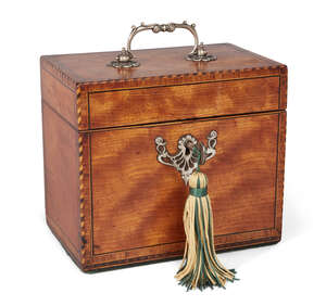
	
		A George III silver-mounted satinwood two-division tea caddy, with 'barber's-pole'...