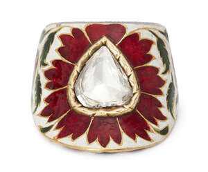 
	
		An impressive diamond-set enamelled gold archer's ring, Jaipur, India, late 19th century,...