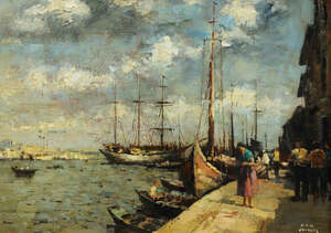 
	
		European School, late 20th century- Venezia; oil on canvas laid down on board, signed with...