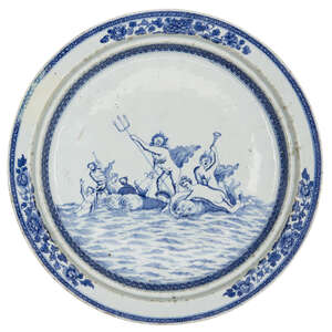 
	
		A rare and large Chinese porcelain circular basin, 18th century, painted in underglaze...