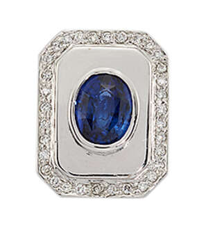 
	
		 A sapphire and diamond tie pin, designed as a rectangular panel with central collet-set...