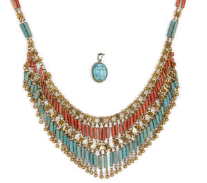 
	
		A modern re-strung tiered necklace, composed of a lower tier of Egyptian blue glazed...