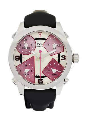 
	
		A stainless steel and mother-of-pearl quartz five time zone wristwatch, by Jacob & Co for...
