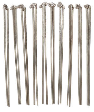 
	
		Ten pairs of Chinese white metal chopsticks, late 20th century, each engraved with...