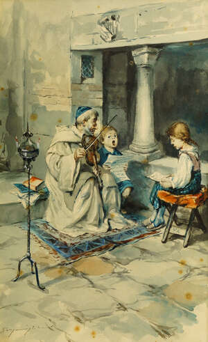 
	
		Symington, British, late 19th century- Figures practicing music in front of a kitchen...