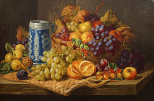
	
		Charles Thomas Bale, 
		British 1849-1925- 
		 
		Still life with grapes, plums,...