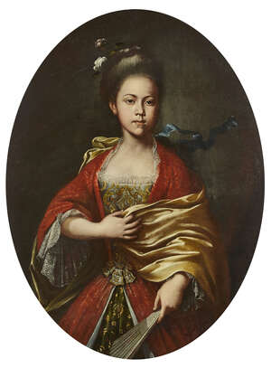 North Italian School, 
		Circa 1700-  
		Portrait of a lady, half-length in a red dress, holding a fan; 
		oil on canvas, oval, 96 x 74.4 cm. 
		Provenance