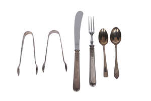 
	
		A cased set of twelve Art Deco silver teaspoons with sugar tongs, Sheffield c.1940,...