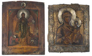 
	
		A Russian icon of the Virgin as Mother of God of Kazan, possibly 18th century,  with gilt...