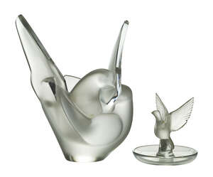 
	
		Lalique, a clear and frosted Love bird glass vase
		Modern Lalique, engraved Lalique...