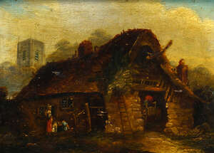 
	
		Circle of Charles Morris, 
		British c.1828-1870- 
		 
		Figures before a thatched...