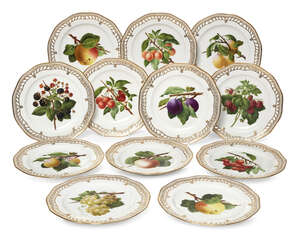 
	
		A set of twelve Royal Copenhagen Flora Danica Fruit plates, 20th century, with gilt and...