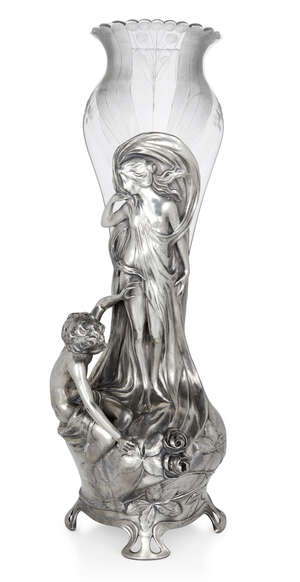 
	
		WMF, 
		 
		Art Nouveau figural vase with liner, circa 1900, 
		Pewter, clear and...