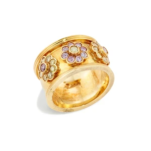 Kutchinsky. An 18ct gold coloured diamond ring, the domed band ring with raised guards, with...