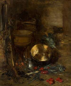 
	
		Antoine Vollon, 
		 
		French 1833-1900- 
		 
		Still life with a cauldron, pewter...
