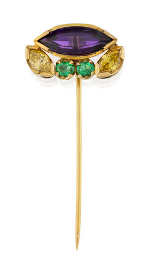 
	
		A yellow diamond, emerald and amethyst stickpin, composed of two marquise-cut yellow...