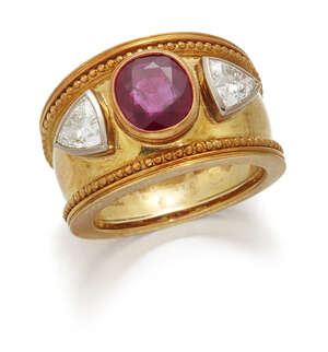 
	
		Theo Fennell, a ruby and diamond three stone ring, by Theo Fennell, the wide tapering...