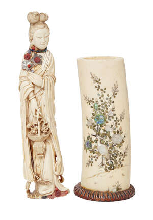
	
		A Japanese shibayama and ivory vase, late 19th/early 20th century, decorated with heron...