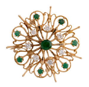 
	
		An emerald and diamond brooch/pendant, of open work flower head design set with...
