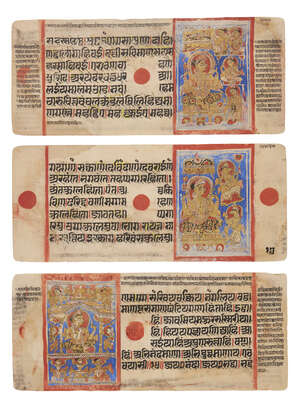 
	
		Three folios from a Kalpasutra manuscript, 15th century, Gujarat, North West India,...