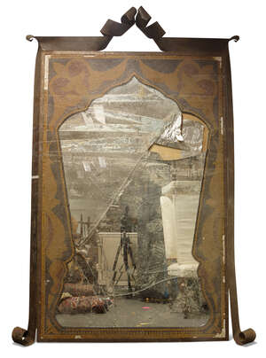 
	
		A mosaic framed mirror, late 19th/early 20th, in the  Islamic taste, the crest in the...