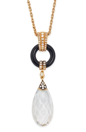 Kutchinsky. A rock crystal, onyx and diamond drop necklace, composed of a circular onyx panel suspending a rock crystal quartz briolette, both with applied bri