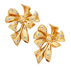 Two gem-set bow brooches, each set with diamond, sapphire, ruby, and emerald clusters, stamped...