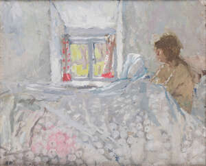 
	
		Bernard Dunstan RA, 
		British 1928-2017 - 
		 
		The White Bedspread II, 1972; 
		 
		