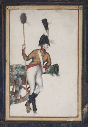 
	
		A soldier leaning on a canon, Qajar Iran, 19th century, opaque pigments on paper, the...