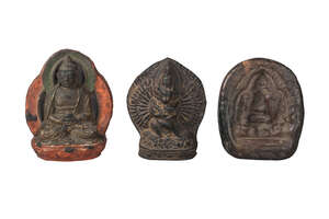 
	
		Two Tibetan votive terracotta plaques and a terracotta mould of a stupa, 18th/19th...