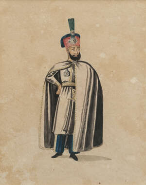 
	
		Continental School, 19th Century- Study of a Greek Hussar, standing full-length;...