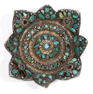 
	
		A Tibetan turquoise inlaid boss, 18th/19th century, centered with a raised knop mounted...