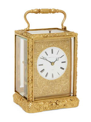 
	
		A French gilt brass repeating carriage clock, by Henry of Paris, late 19th century, the...