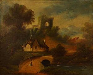 
	
		British Provincial School, early-mid19th century- River landscape with thatched cottage;...